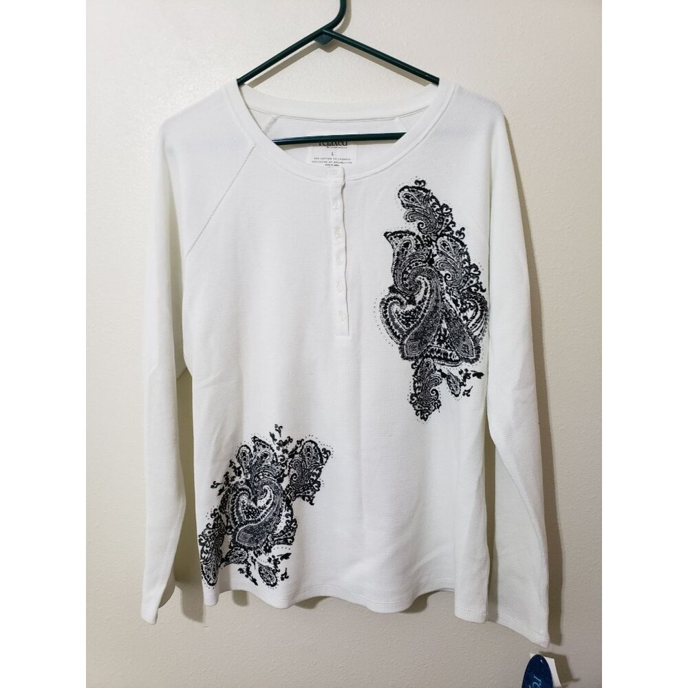 Relaxed by Charter Club, white with black floral print, ribbed shirt,  size L